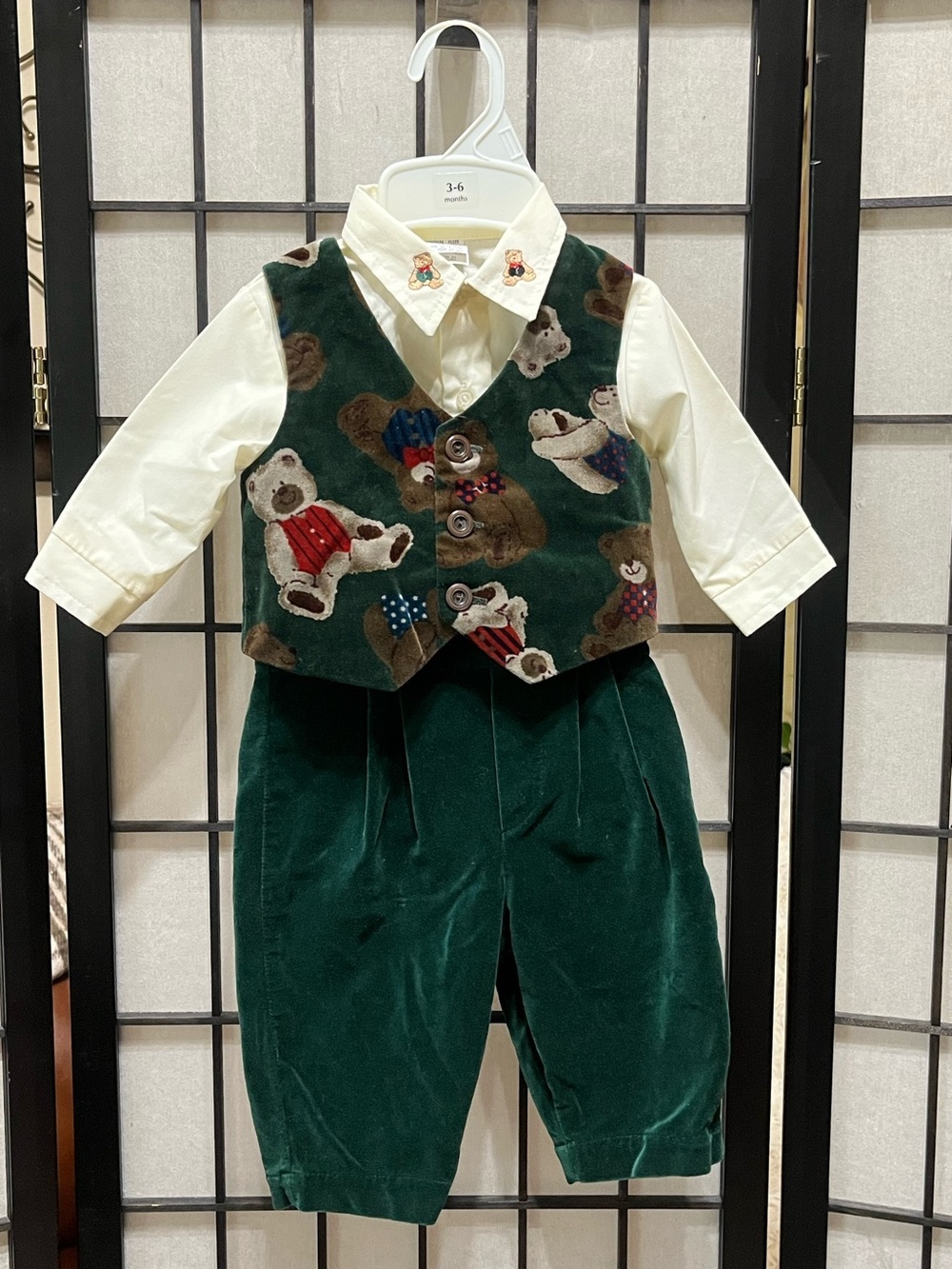 Teddy Bear Velvet Vest & Pants Set with Cream Shirt vintage INFANT SIZE 3-6mon
